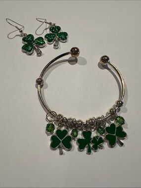 Shamrock Charm Bangle Bracelet and Earrings Set